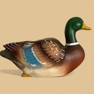 VTG Napco Mallard Duck Planter 8" Long Ceramic Figure Cabin Decor Green Brown